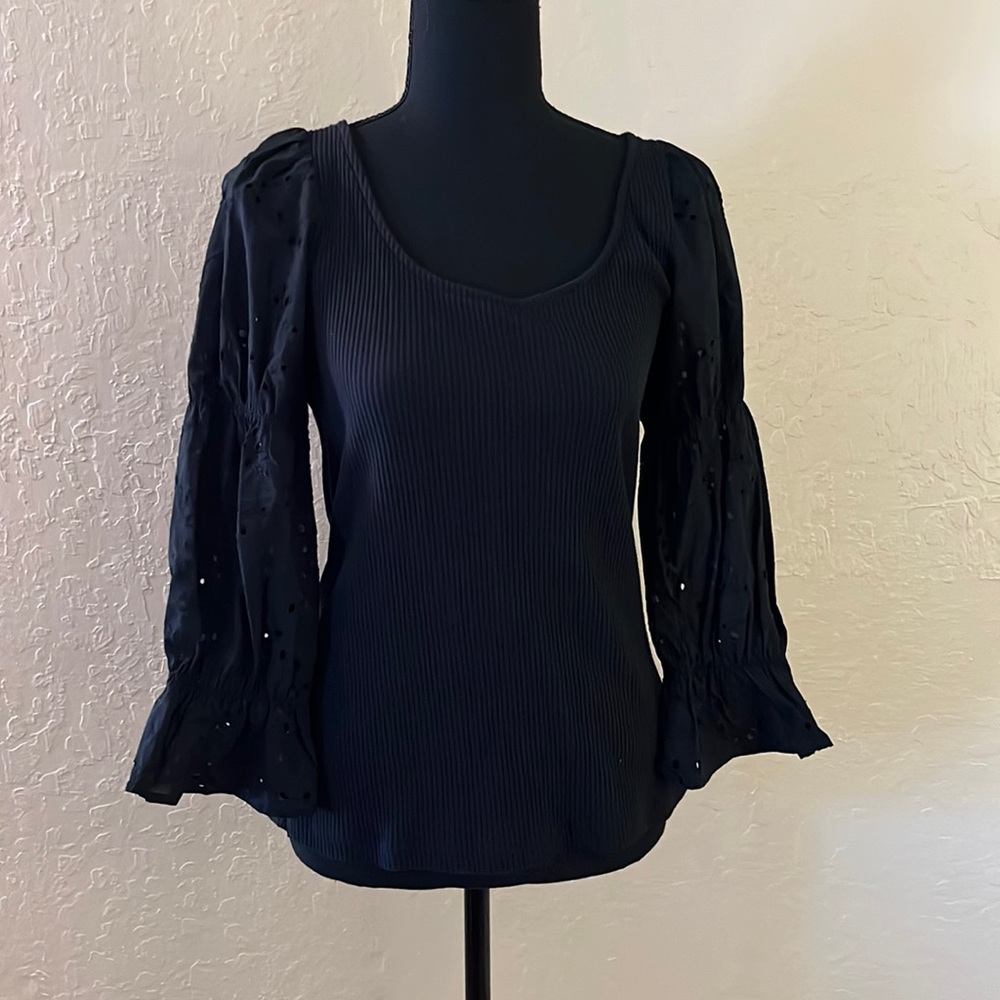 Who What Wear Black Ribbed‎ Knit Top with Eyelet Balloon Sleeves